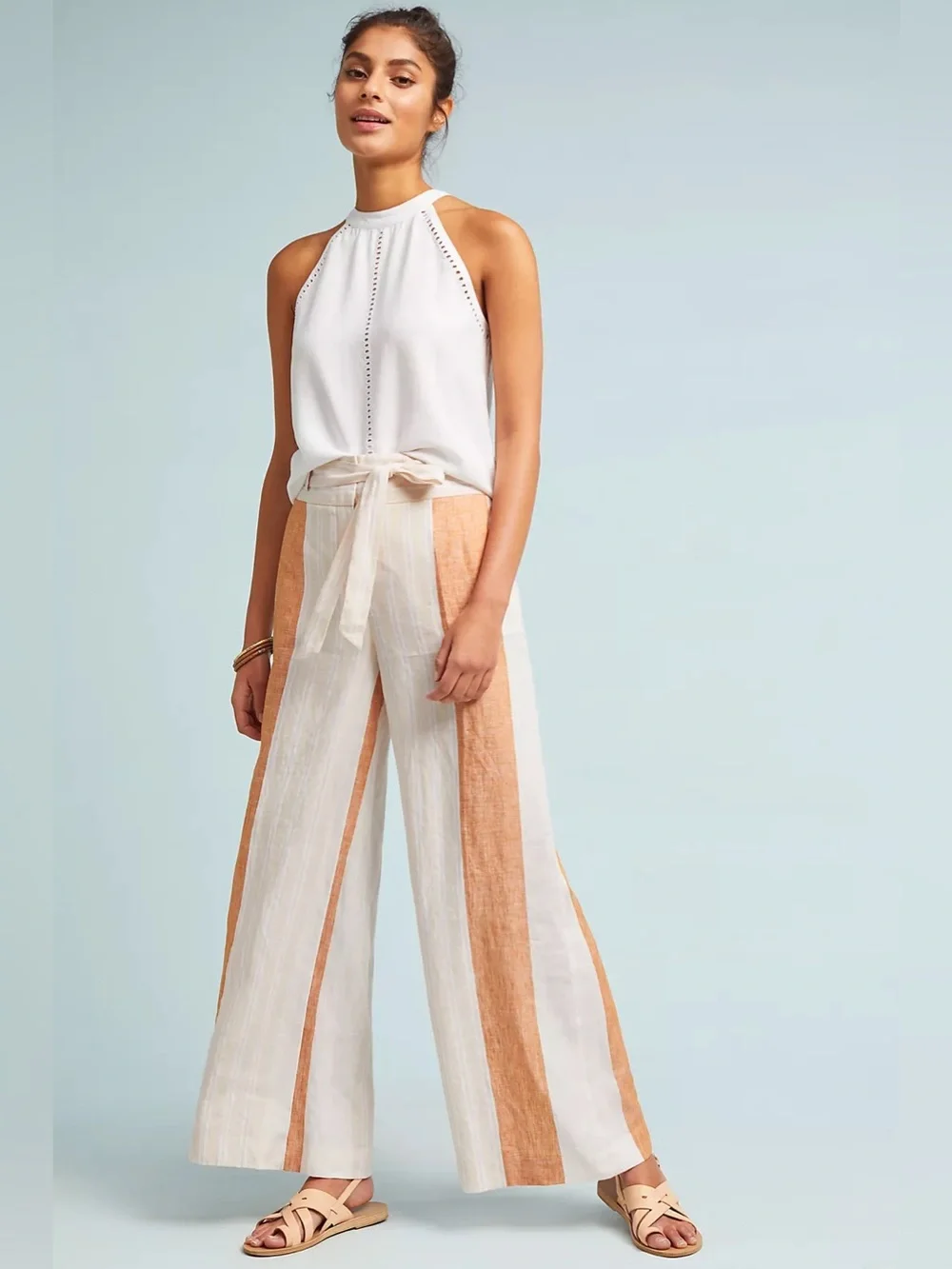 Anthropologie‎ || ett:twa Striped Linen Trousers Belted Wide Leg Pants Orange 8